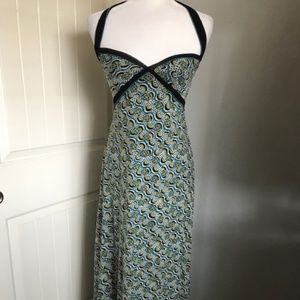 Art Deco Inspired Green Turquoise Mesh Maxi Lined Dress Black Halter/Trim  Sz 4